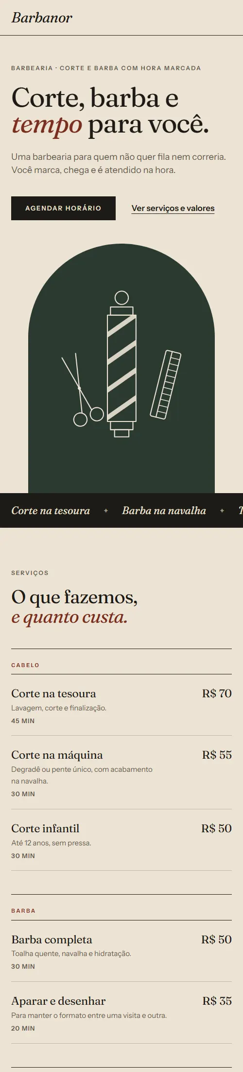 Versão para celular do site de demonstração Barbanor